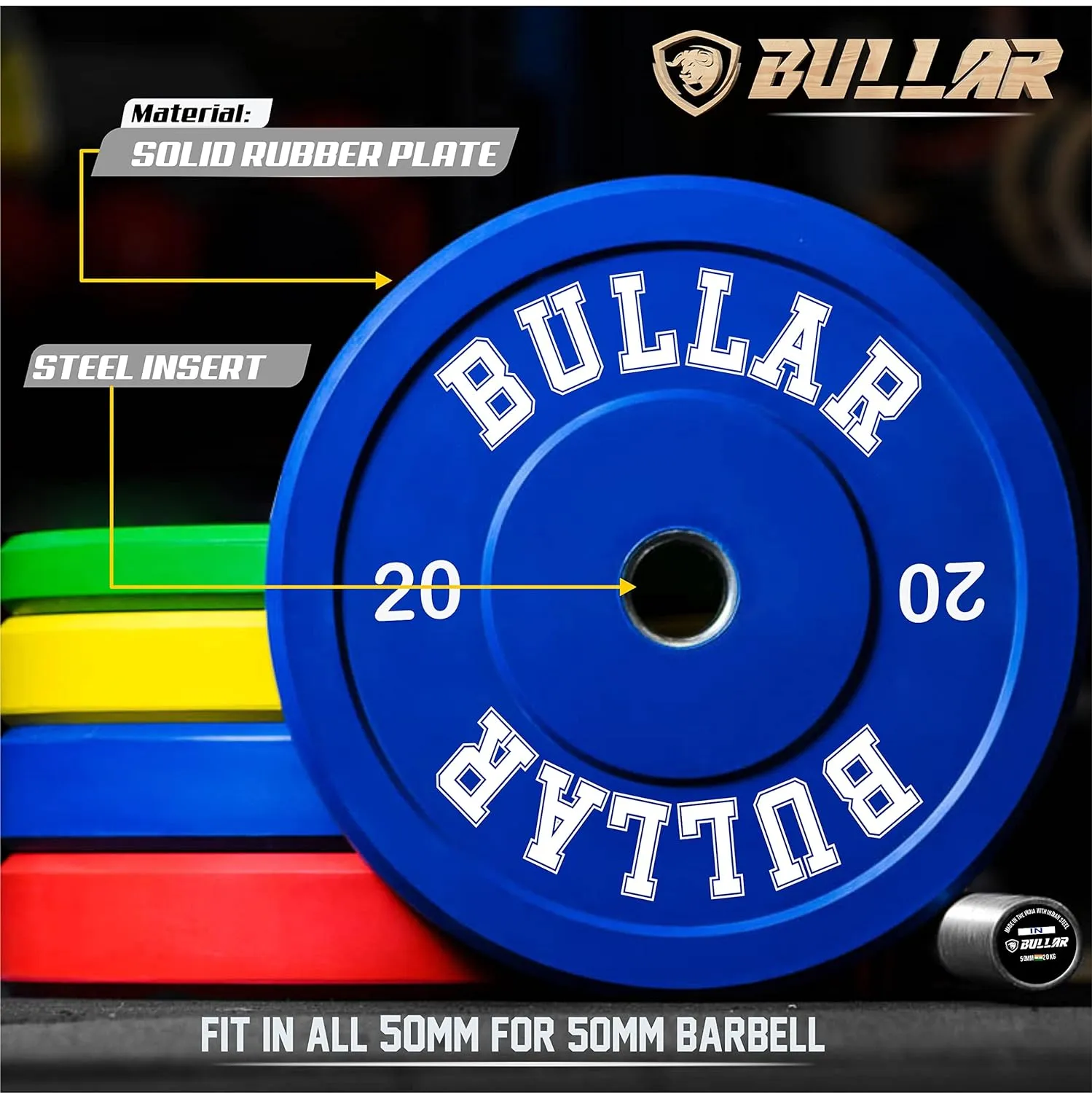 Bumper plates with olympic barbell (120 KG SET(25x2 20x2 10x2 5x2))