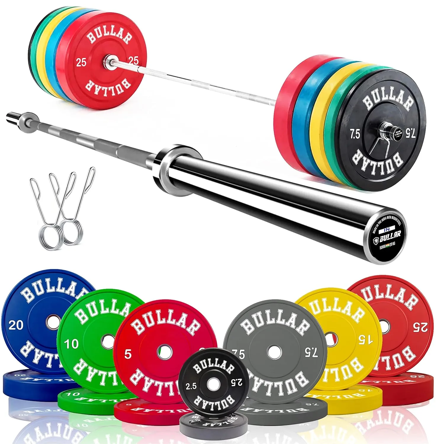 Bumper plates with olympic barbell (45 KG SET(10x2 5x2 7.5x2))