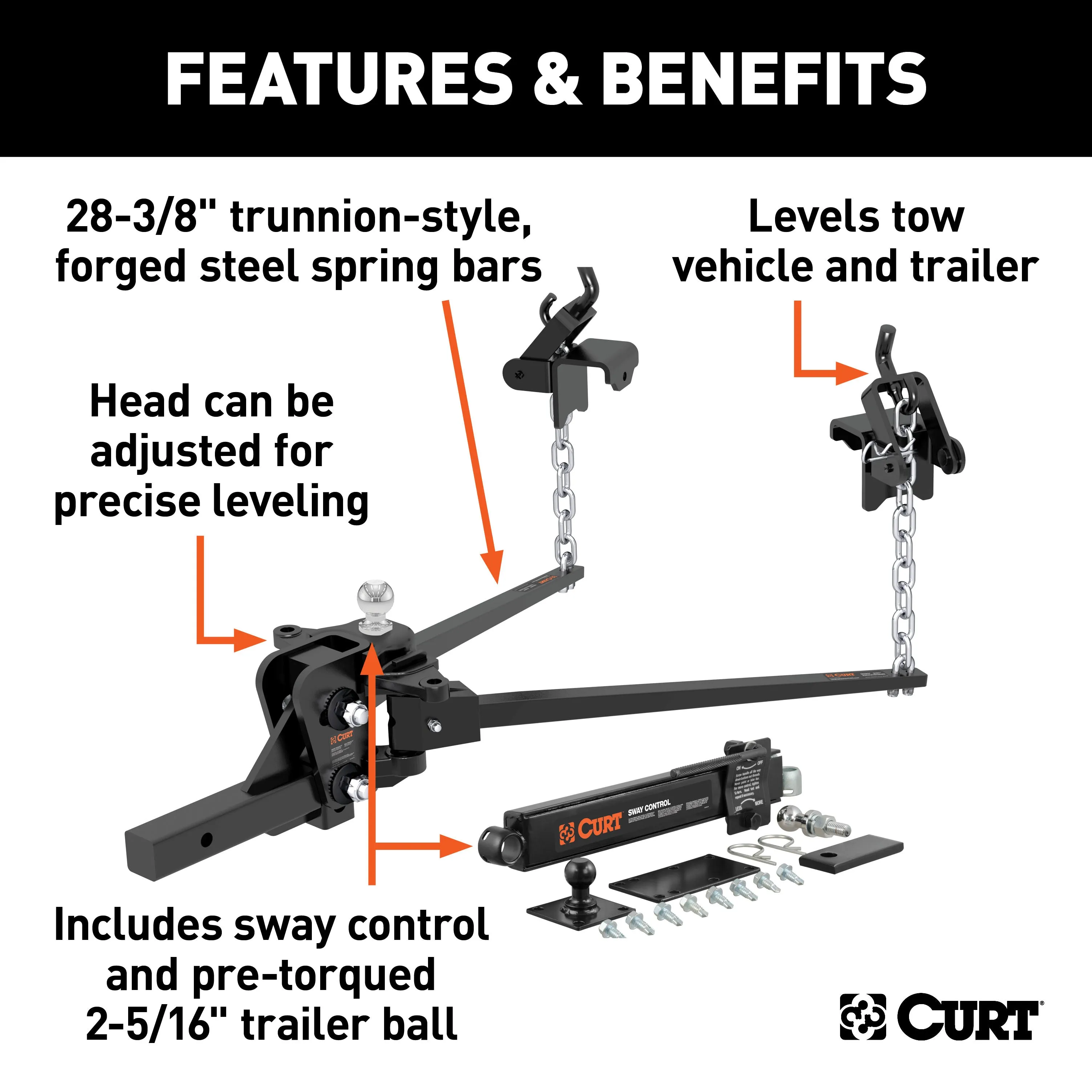 CURT 17322 Short Trunnion Bar Weight Distribution Hitch with Sway Control (8-10K; 28-3/8in.