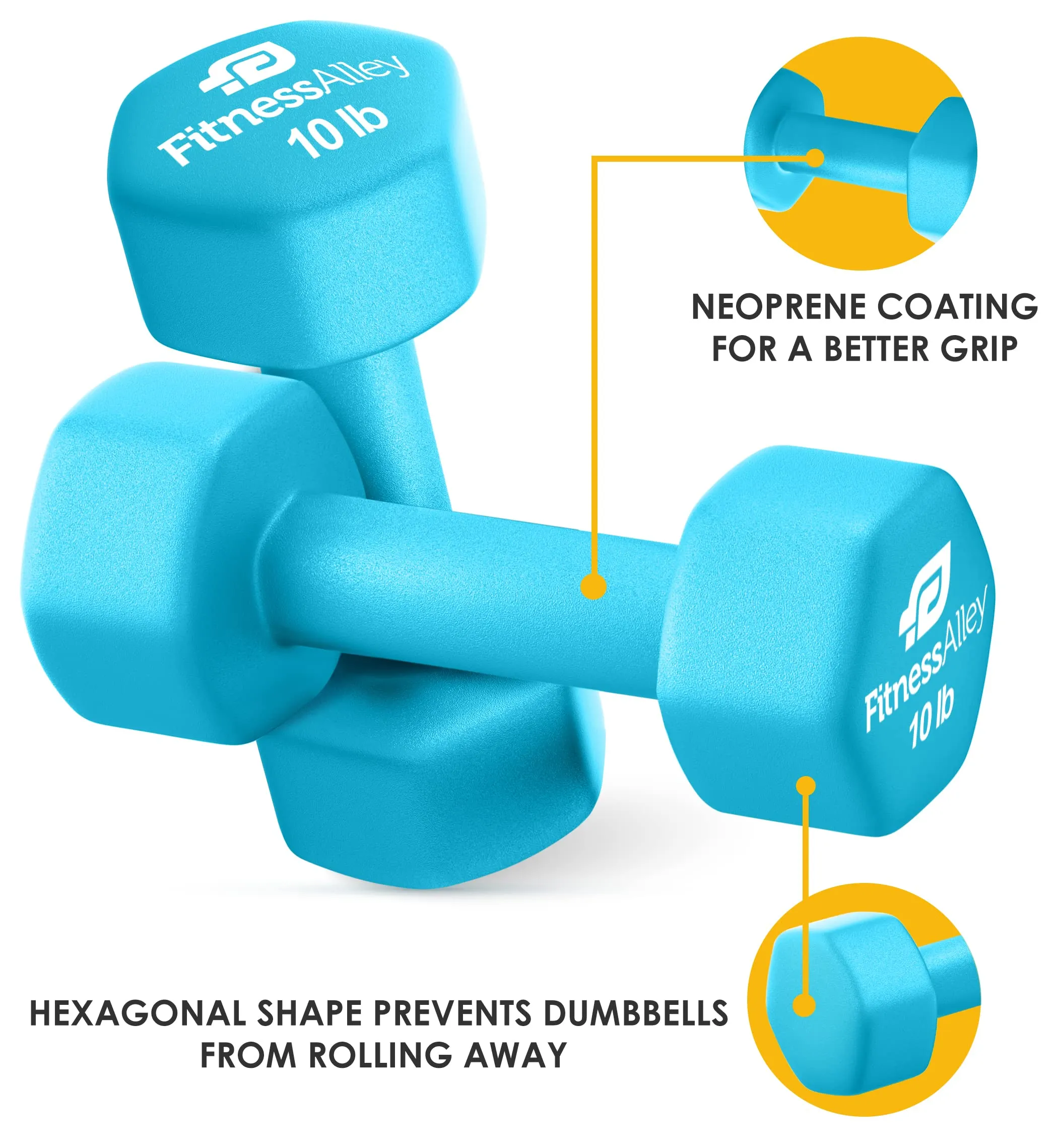 Fitness Alley Neoprene 10lb Dumbbells Set of 2 Anti Roll Hex Hand Weights