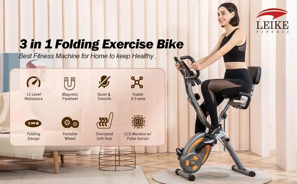 Folding Stationary Bike Recumbent Exercise Bike w/Arm Resistance Bands-Pulse Sensor-LCD Monitor and Easy