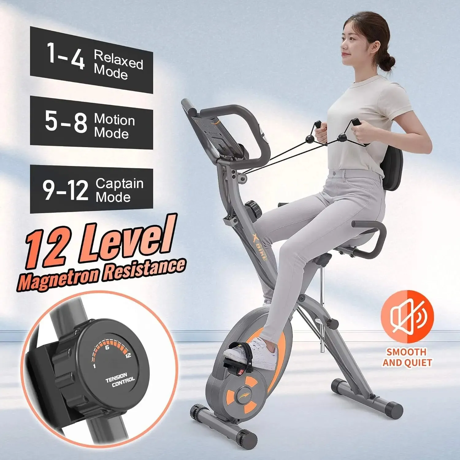 Folding Stationary Bike Recumbent Exercise Bike w/Arm Resistance Bands-Pulse Sensor-LCD Monitor and Easy