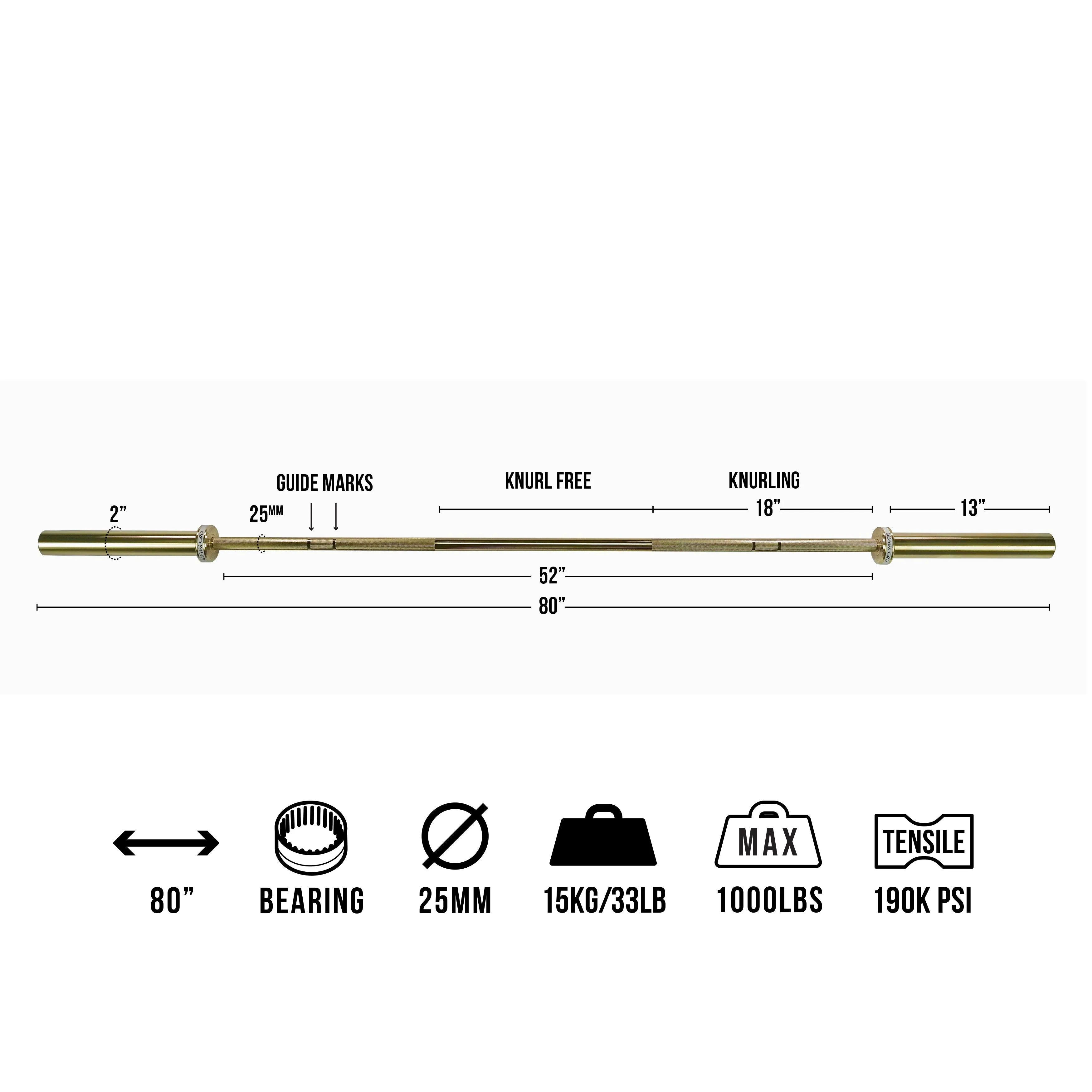 Gold Coated Needle Bearing Barbell 80" 25mm