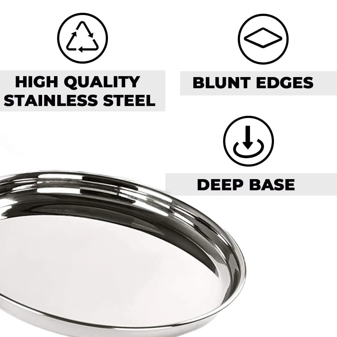 UMAI X SAVYA HOME 6 Pcs Big Plate Set|Stainless Steel Dining Plate Set|Stainless Steel, Blunt Edge, Deep Base|Glossy Finish, Durable, Easy to Clean, Stackable|Steel Plates for Lunch, Breakfast, Dinner