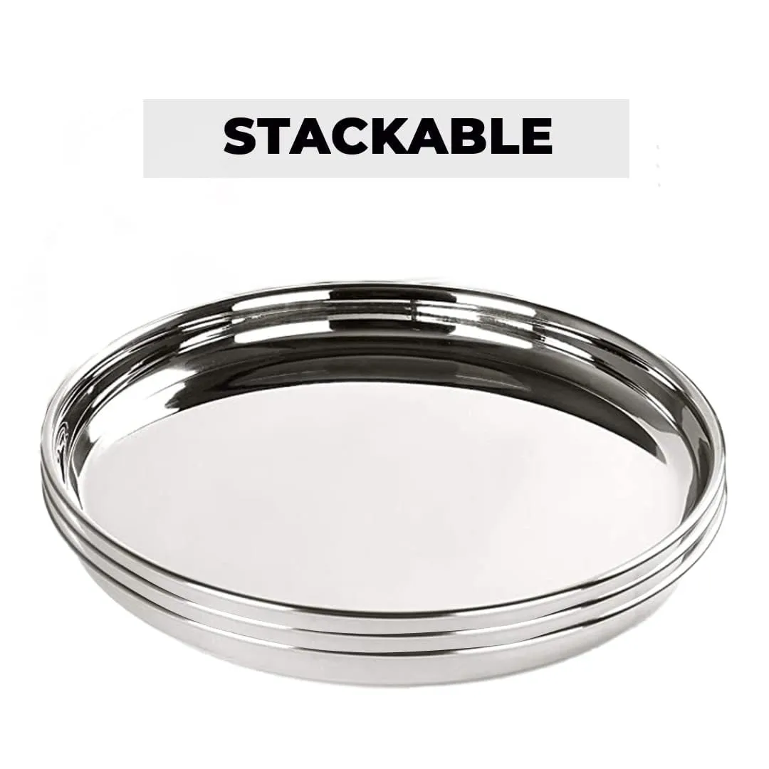 UMAI X SAVYA HOME 6 Pcs Big Plate Set|Stainless Steel Dining Plate Set|Stainless Steel, Blunt Edge, Deep Base|Glossy Finish, Durable, Easy to Clean, Stackable|Steel Plates for Lunch, Breakfast, Dinner